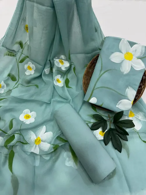 Elegant Hand-Painted Cotton Suit Set with Lightweight Chiffon Dupatta